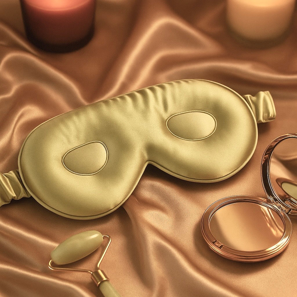 Silk eye mask, jade roller, and small mirror on satin fabric with candles.