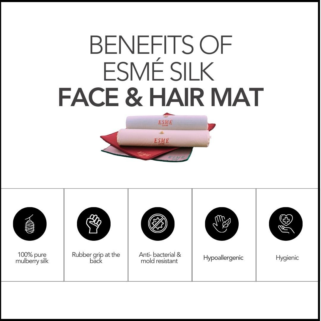 Esmé Silk Face & Hair Yoga Mat with listed benefits like hygenic, anti bacterial