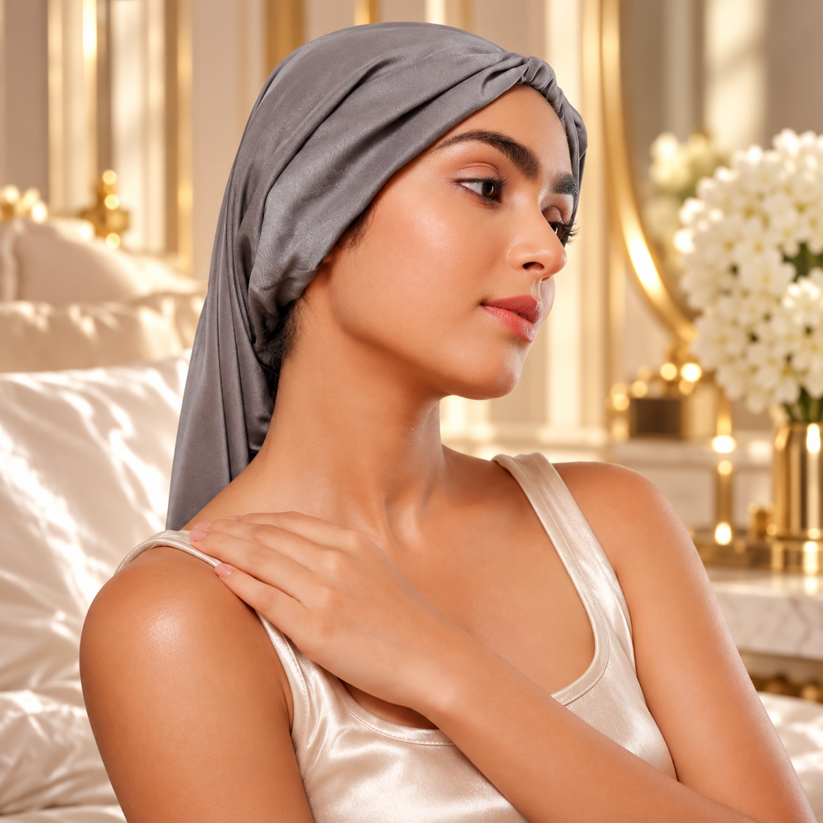 Grey Long Silk Hair Wrap