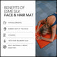 Person using an Esmé Silk face and hair mat with product benefits listed on the left.