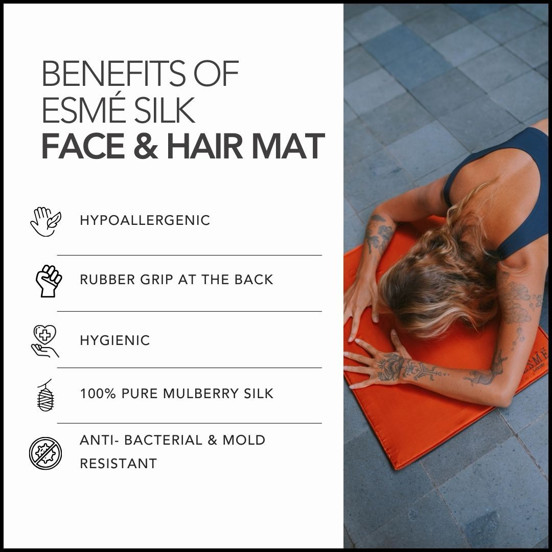 Person using an Esmé Silk face and hair mat with product benefits listed on the left.