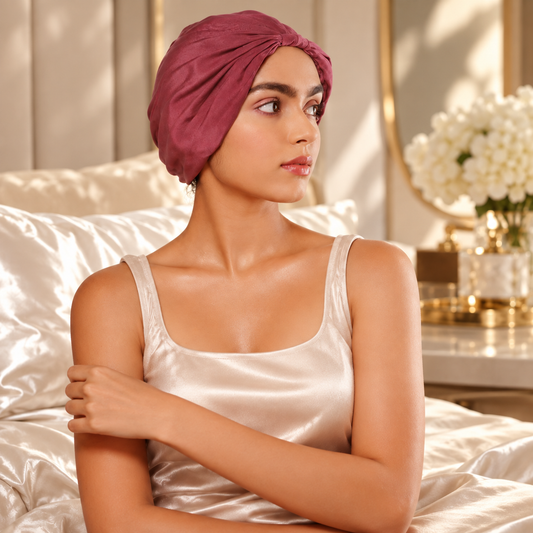 A woman wearing a dusty rose turban-style hair cap sits on a bed with shiny satin bedding in a warm, elegant bedroom setting.