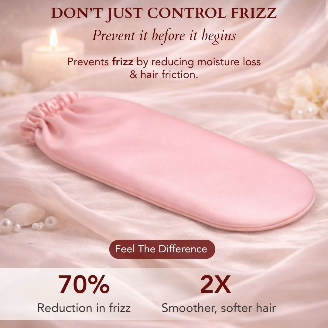 Pink hair straightening silk wrap on a soft fabric background with Esmé branding and text about frizz control.