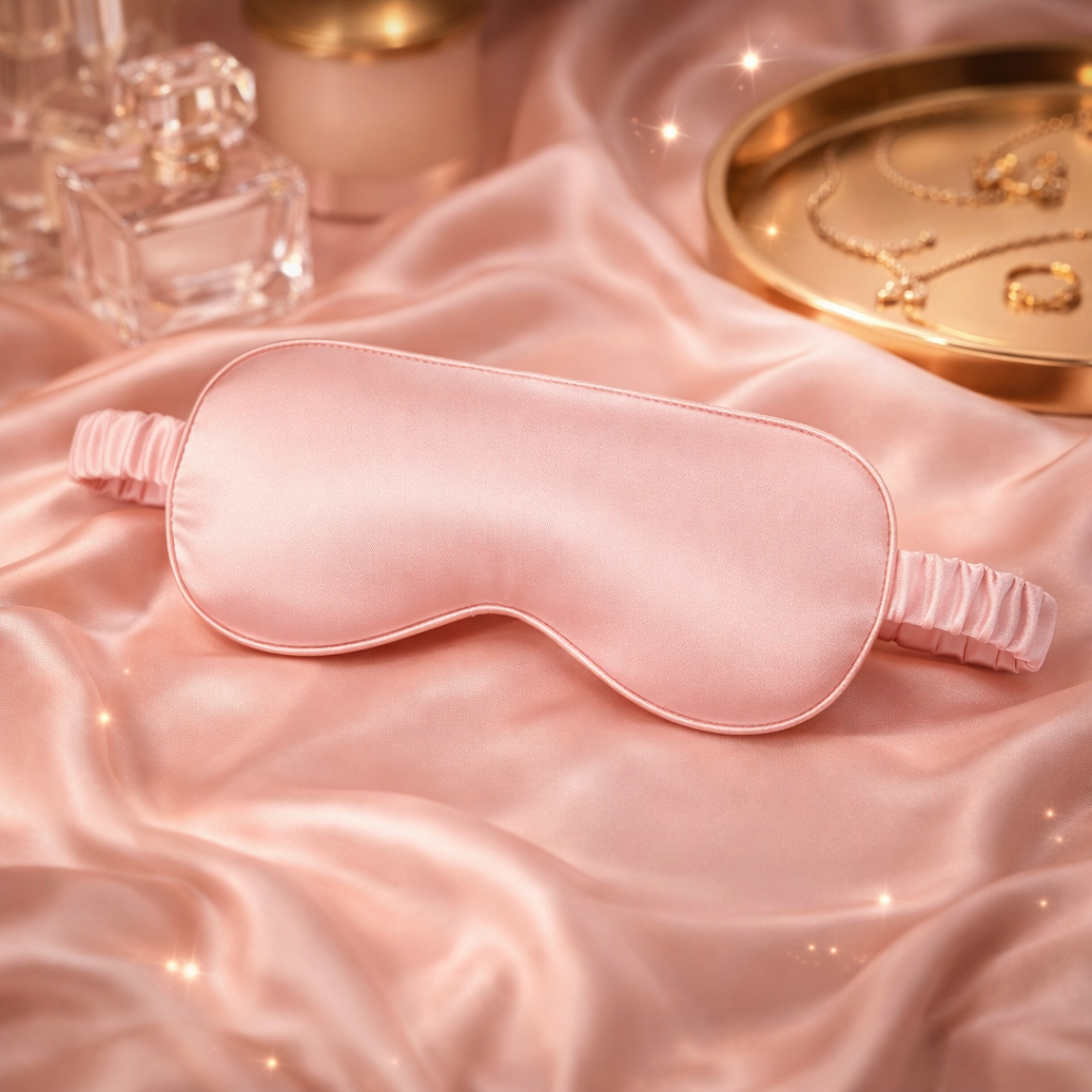 Pink satin eye mask on a pink satin surface with a gold clock and perfume bottle in the background.