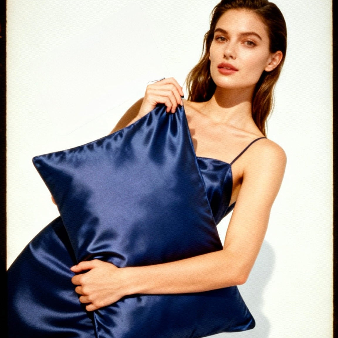 Woman holding a blue silk pillow against a white background