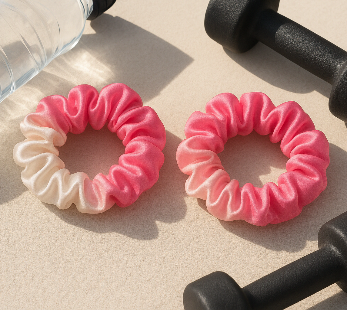 Two pink hair scrunchies with a water bottle and dumbbells on a beige surface