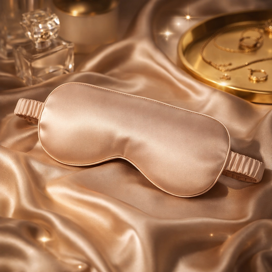 Silk sleep mask on a satin surface with a gold clock and perfume bottle in the background