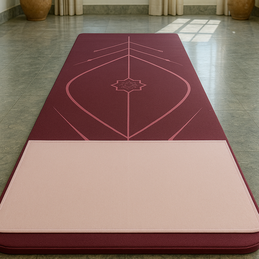 Yoga mat with geometric design on a floor with large windows and plants.